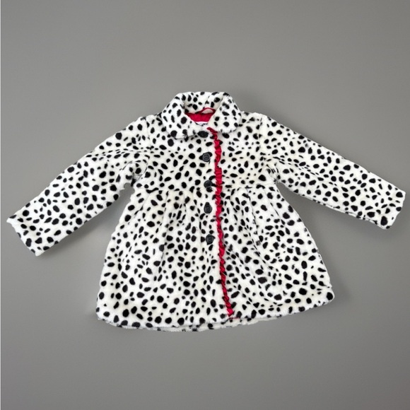 Lullah Bette Girls Dalmatian Print Faux Fur Coat Size 9-10 Red Satin Lining - Picture 2 of 4
